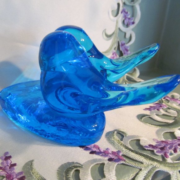 Vtg Blue Glass Double Bluebird of Happiness Bluebirds on Heart Leo Ward 1991 - Picture 2 of 16
